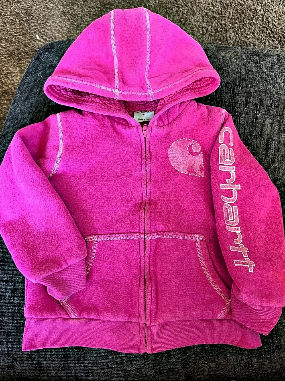 Carhartt Toddler Girls Pink Sherpa Lined Hoodie Jacket Zip Up Size 4T